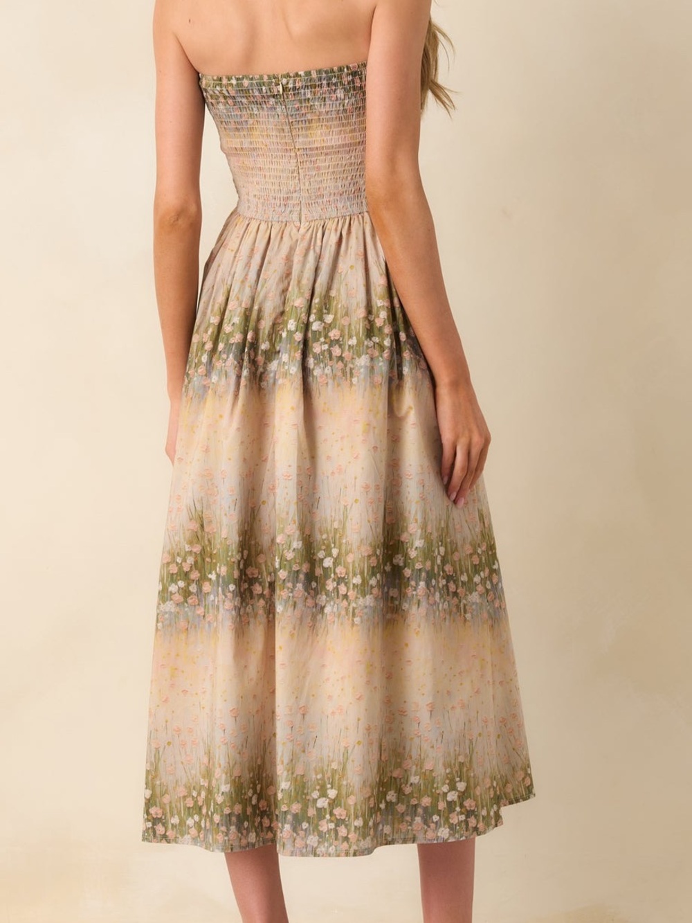 Entro Genevieve Beige Floral Strapless Midi Dress - Picture 2 of 10